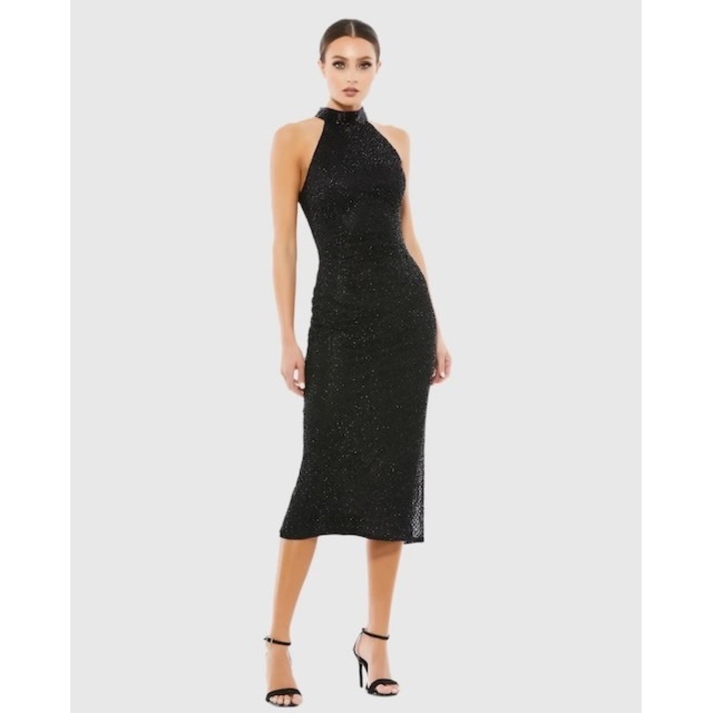 Mac Duggal A5531 Black Beaded Halter Midi Dress Womens 12 NWD